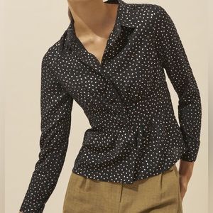 BA&SH Gold Printed Peplum Fit Black Button Front Shirt S